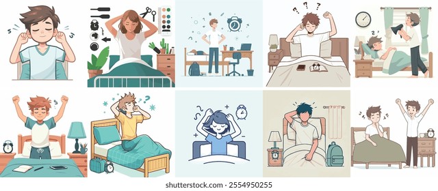 Vector Set of a Teenager Waking Up with a Simple Flat Design Style