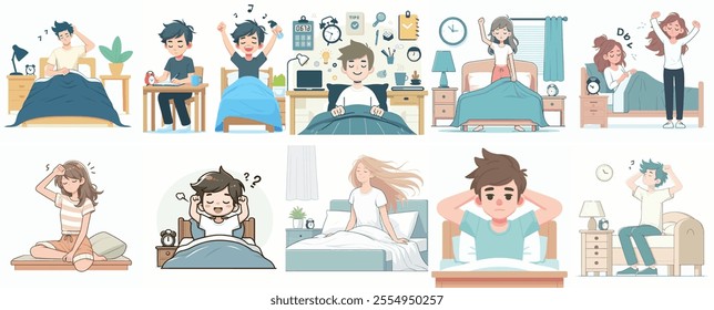 Vector Set of a Teenager Waking Up with a Simple Flat Design Style