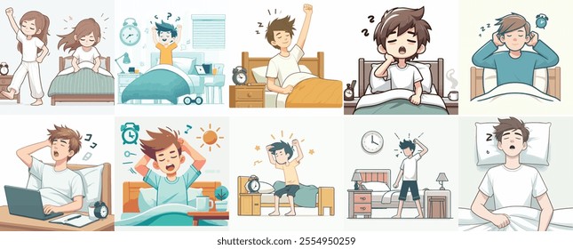 Vector Set of a Teenager Waking Up with a Simple Flat Design Style