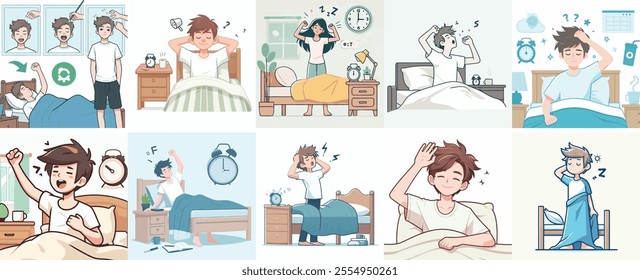 Vector Set of a Teenager Waking Up with a Simple Flat Design Style