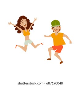 Vector set of teenagers in casual clothing funny dances. Flat cartoon illustration isolated on a white background. Young dark-haired girl and boy in green cap have fun dancing and smiling cheerfully.