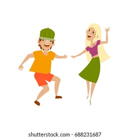 Vector set of teenagers in casual clothing funny dances. Flat cartoon illustration isolated on a white background. Young blond girl and boy in green cap have fun dancing and smiling cheerfully.
