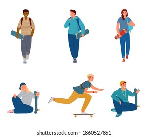 Vector Set Of Teenagers With Scateboards Walking, Holding, Riding. Isolated On White.
