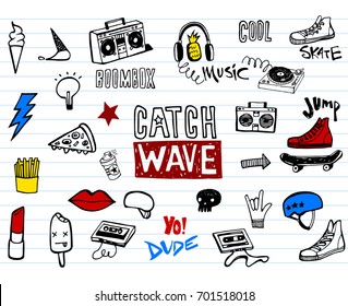 Conjunto vetorial de fotos adolescentes em estilo doodle.
