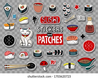 Vector set of teens stickers and patches in doodle style. Japanese food, sushi, rolls, soups and noodles.