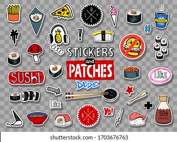 Vector set of teens stickers and patches in doodle style. Popular food, Japanese food, sushi, fast food and pizza.