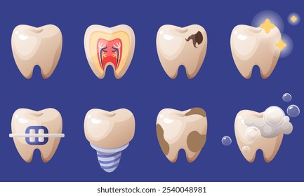 Vector conjunto de dientes. Problemas dentales, caries, sarro, placa, implantes, ortodoncia. Placa en los dientes, dientes blancos brillantes. Higiene bucal y dolor de muelas, caries, roce, manchas y dientes sanos.