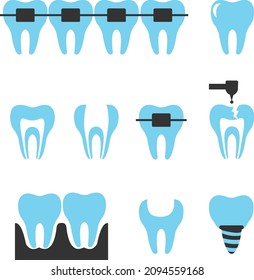 Conjunto vectorial de dientes con diferentes tipos de enfermedades dentales: caries, tartar, placa, implante, cordones ortodónticos. Concepto dental.