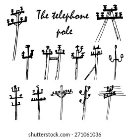 Vector set of telephone poles. Hand drawn of  high voltage electric poles.