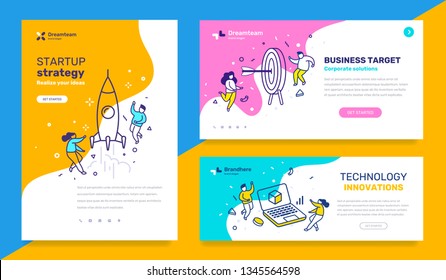 Vector set of template with business illustration with people on color background. Concept of startup strategy, technology, business target with text. Line art style design for web page, site, poster