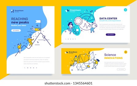 Vector set of template with business illustration with people on color background. Concept of success, data center, innovation with text. Line art style design for web page, site, poster, presentation