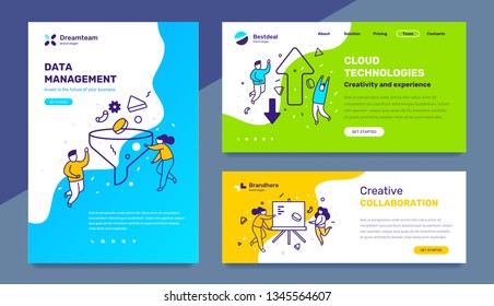 Vector set of template with business illustration with people on color background. Concept of management, cloud technology, collaboration with text. Line art style design for web page, site, poster