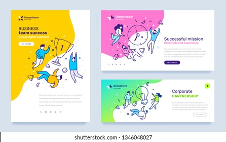 Vector Set Of Template With Business Illustration With People On Color Background. Concept Of Success, Mission, Partnership With Text. Line Art Style Design For Web Page, Site Development, Poster 