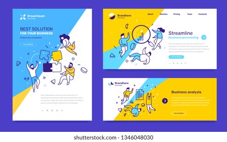 Vector set of template with business illustration with people on color background. Concept of solution, streamline, analysis with text. Line art style design for web page, site development, poster