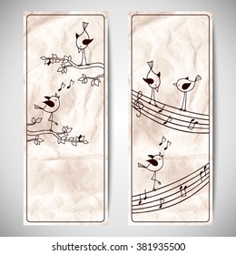 Vector set template with cute hand drawn birds on crumpled kraft paper background. Flyer design with a branch of the tree and stave.