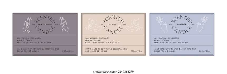 Vector set of template design label for candle package. Minimalistic and modern design with female hands