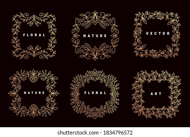 Conjunto de vectores de plantilla con marco de ornamento floral de color dorado y texto sobre fondo oscuro