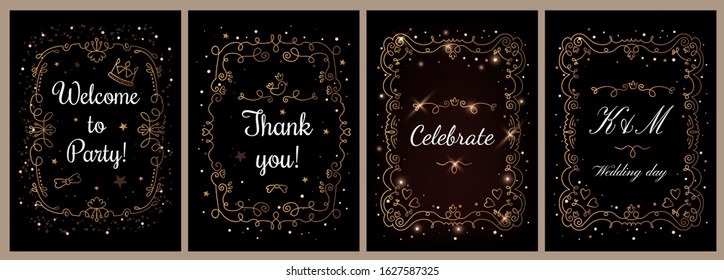 Vector set of template greeting card with shine golden frame and text on black background. Flat line art style decorative illustration design for a card, wedding invitation, romantic postcard, poster