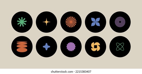 Vector set of template icons for social highlights, business in minimalist brutalist design. Bundle of futuristic shapes and geometric figures