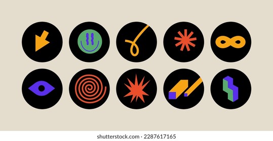 Vector set of template icons for social highlights, business in minimalist brutalist design. Bundle of futuristi Y2kc shapes and geometric figures