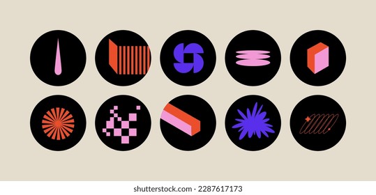 Conjunto vectorial de iconos de plantilla para los aspectos más destacados de la sociedad, negocio con diseño brutalista minimalista. Conjunto de formas y figuras geométricas de futuristi Y2kc