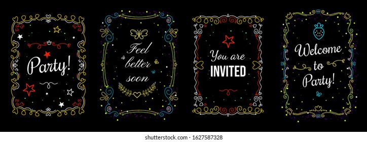 Vector set of template illustration with curly neon color floral frame and text on black background. Thin line art style decorative design for a greeting card, wedding invitation, romantic poster