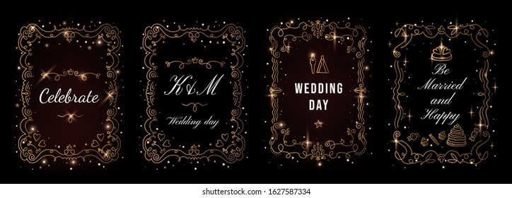 Vector set of template invitation with shine golden frame and text on black background. Flat line art style illustration design for a greeting card, wedding invitation, romantic postcard, poster