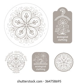 Vector set template label style of organic design with image decorative flower flax. Modern illustration for stores of organic clothing, textiles, stuff for children.