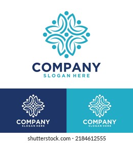 Vector set of template logo designs and emblems in trendy linear style in blue color on floral and natural cosmetic concept background and alternative medicine symbol