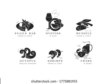 Vector set template logos and icons for seafood products- octopus, srimps, mussels, snails, crabs, oysters. Emblems for restaurant and cafe