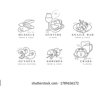 Vector set template logos and icons for seafood products- octopus, srimps, mussels, snails, crabs, oysters. Emblems for restaurant and cafe