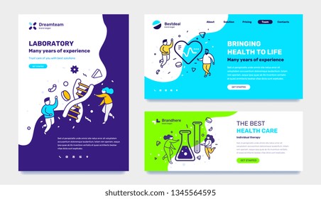 Vector set of template with medicine illustration with people on color background. Concept of laboratory, healthy life, health care with text. Line art style design for web page, site, poster