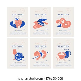 Vector set template packaging labels with logos and for seafood products- octopus, srimps, mussels, snails, crabs, oysters. Emblems for restaurant and cafe