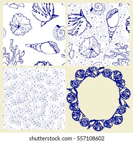 Vector set of template, seamless patterns with sea shells. Design elements for cards, prints, invitations, quotes, posters and more.