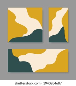 Vector set of templates with abstract wavy yellow, green and beige elements for social media posts, mobile apps, printing and web design