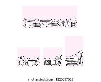 Vector set of templates for banners of beauty items. Set of doodle style cosmetic tools. Makeup collection backgrounds for social media.  