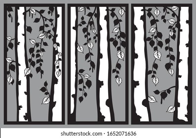 Vector set of templates of birch trees for cutting exterior. Silhouette floral pattern. Tree laser cut panel. Metal, paper or wood carving design. Outdoor screen. Stencil. Wall stickers.