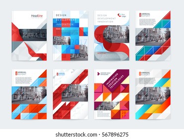 Vector set of templates booklet cover design, poster, magazine, brochures, flyers A4 with logo, place for photo and text. Geometric colorful shapes and textures triangles, squares, circles, waves.