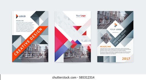Vektorset von Vorlagen Booklet Cover Design, Poster, Magazin, Broschüren, Flyer A4 mit Logo, Platz für Foto und Text. Geometrische, farbige Formen und Texturen Dreiecke, Quadrate, Kreise, Wellen.