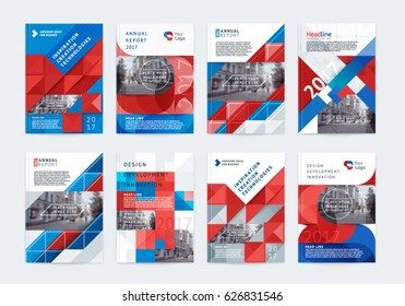 Vector set of templates booklet cover design, poster, magazine, brochures, flyers A4 with logo, place for photo and text. Geometric colorful shapes and textures triangles, squares, circles, waves.