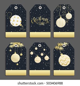  Vector set of templates for Christmas and New Year with Christmas balls. Labels for celebration for your text made in black, white and gold colors .