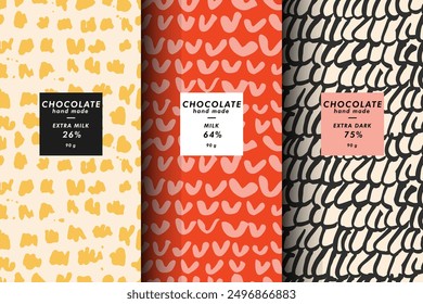 Vector set of templates contemporary abstract cover and patterns for chocolate and cocoa packaging with labels. Minimal modern backgrounds