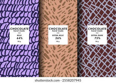 Vector set of templates contemporary abstract cover and patterns for chocolate and cocoa packaging with labels. Minimal modern backgrounds