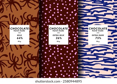 Vector set of templates contemporary abstract cover and patterns for chocolate and cocoa packaging with labels. Minimal modern backgrounds