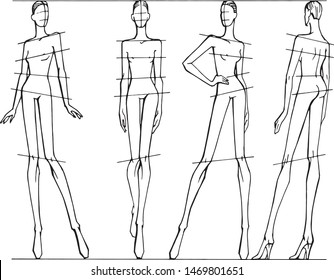 Vector set of templates for drawing fashion sketches. Female models. Women. 