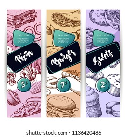 Vector set of templates fast food restaurant menu, packaging, label, banner, poster, identity, branding. Color background with sketch hand drawn illustration - burger, ice cream, pizza, tacos