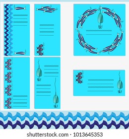 Vector set templates with fishing float and flocks of fish. Colorful drawing on soft blue background. Can be used in postcards, posters, textiles, announcements, advertisement, logo for fishing club.