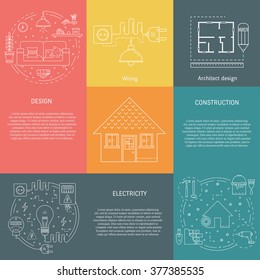 Vector set of templates with house repair elements -  construction, electricity, wiring, interior design, architecture design. Objects made in thin line style. Banner and flyer collection.