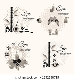 Conjunto vectorial de plantillas con íconos de tratamientos spa para diseño gráfico y web, fondos para invitaciones al salón de belleza, spa, publicidad de productos naturales, cosméticos, cuidado corporal. Diseño plano.
