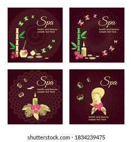 Conjunto vectorial de plantillas con íconos de tratamientos spa para diseño gráfico y web, fondos para invitaciones al salón de belleza, spa, publicidad de productos naturales, cosméticos, cuidado corporal. Diseño plano.
